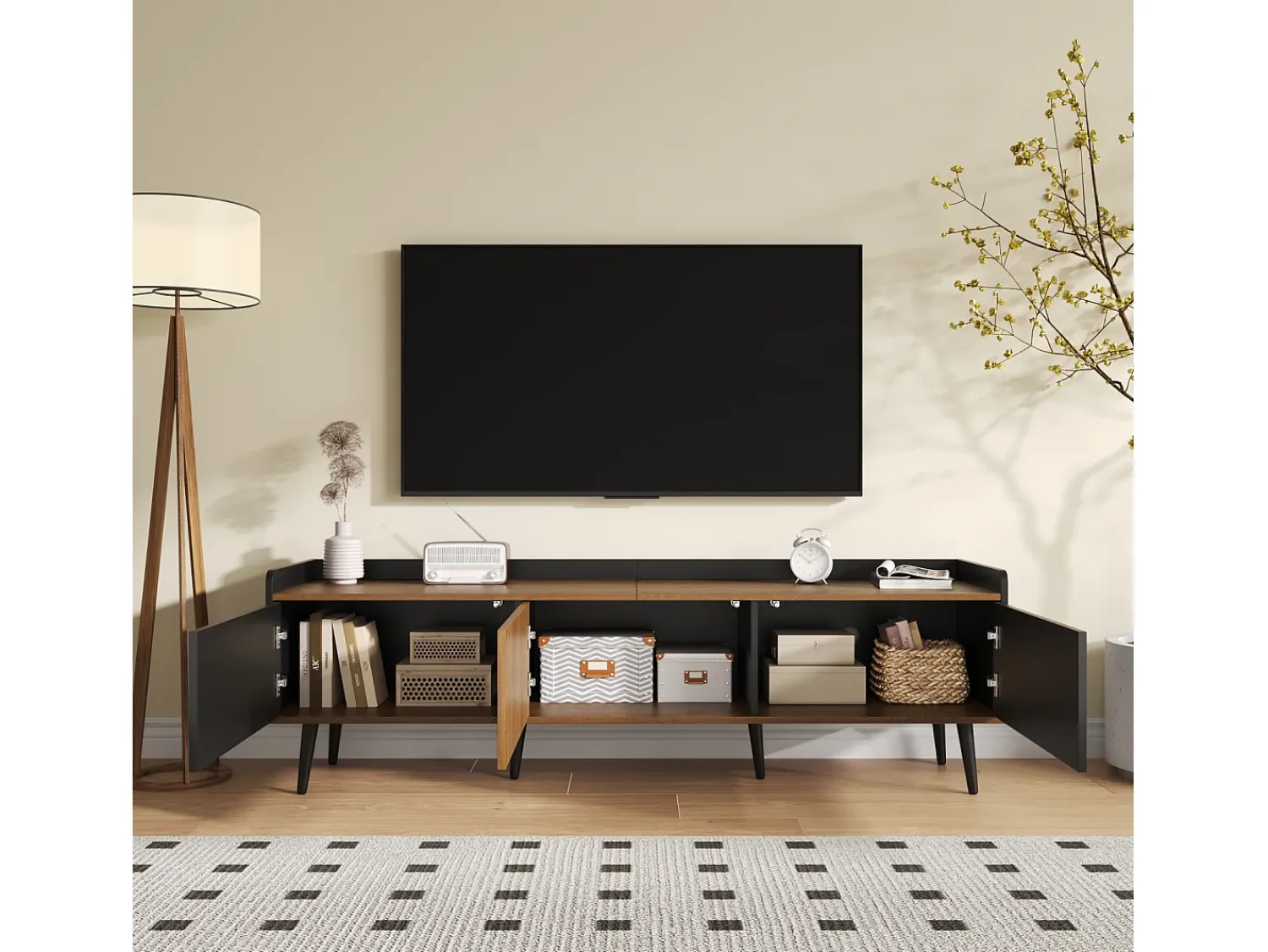 Móvel De Tv| Aparador baixo de 3 portas com prateleira, 160 cm de altura, para TV, moderno, ideal para sala de estar, na cor preta. Preto