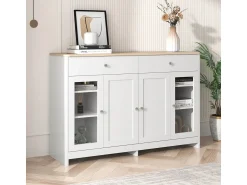 Discount Aparador com acabamento em madeira branca, 4 portas, 2 gavetas e portas de vidro, ideal para sala de estar/jantar. Branco