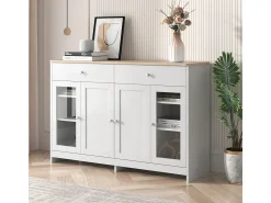 Discount Aparador com acabamento em madeira branca, 4 portas, 2 gavetas e portas de vidro, ideal para sala de estar/jantar. Branco