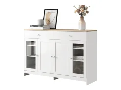 Discount Aparador com acabamento em madeira branca, 4 portas, 2 gavetas e portas de vidro, ideal para sala de estar/jantar. Branco