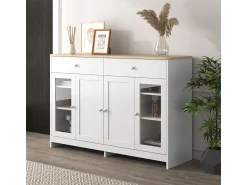 Discount Aparador com acabamento em madeira branca, 4 portas, 2 gavetas e portas de vidro, ideal para sala de estar/jantar. Branco