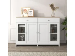 Discount Aparador com acabamento em madeira branca, 4 portas, 2 gavetas e portas de vidro, ideal para sala de estar/jantar. Branco