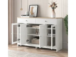 Discount Aparador com acabamento em madeira branca, 4 portas, 2 gavetas e portas de vidro, ideal para sala de estar/jantar. Branco
