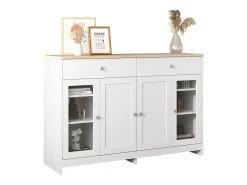 Discount Aparador com acabamento em madeira branca, 4 portas, 2 gavetas e portas de vidro, ideal para sala de estar/jantar. Branco