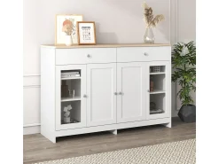 Discount Aparador com acabamento em madeira branca, 4 portas, 2 gavetas e portas de vidro, ideal para sala de estar/jantar. Branco
