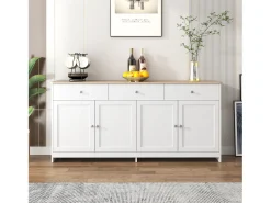 Vitrina| Aparador com acabamento em madeira branca, armário de cozinha com bancada, 160 x 37 x 75 cm, Branco