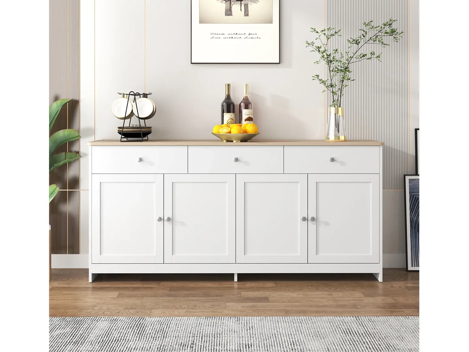 Vitrina| Aparador com acabamento em madeira branca, armário de cozinha com bancada, 160 x 37 x 75 cm, Branco