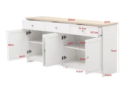 Vitrina| Aparador com acabamento em madeira branca, armário de cozinha com bancada, 160 x 37 x 75 cm, Branco