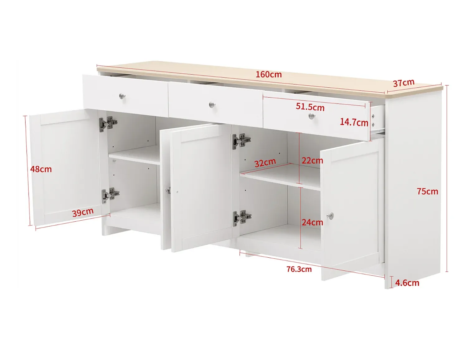 Vitrina| Aparador com acabamento em madeira branca, armário de cozinha com bancada, 160 x 37 x 75 cm, Branco