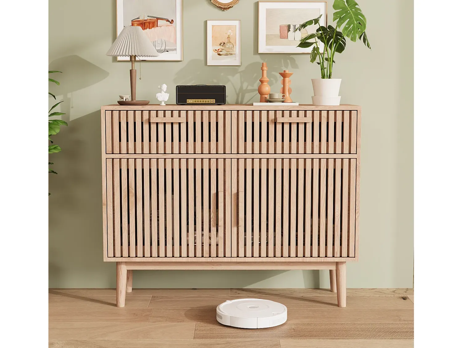 Aparador de 100 cm, móvel de arrumação com 2 gavetas e 2 portas, armário de cozinha para sala de estar, madeira. Natural claro