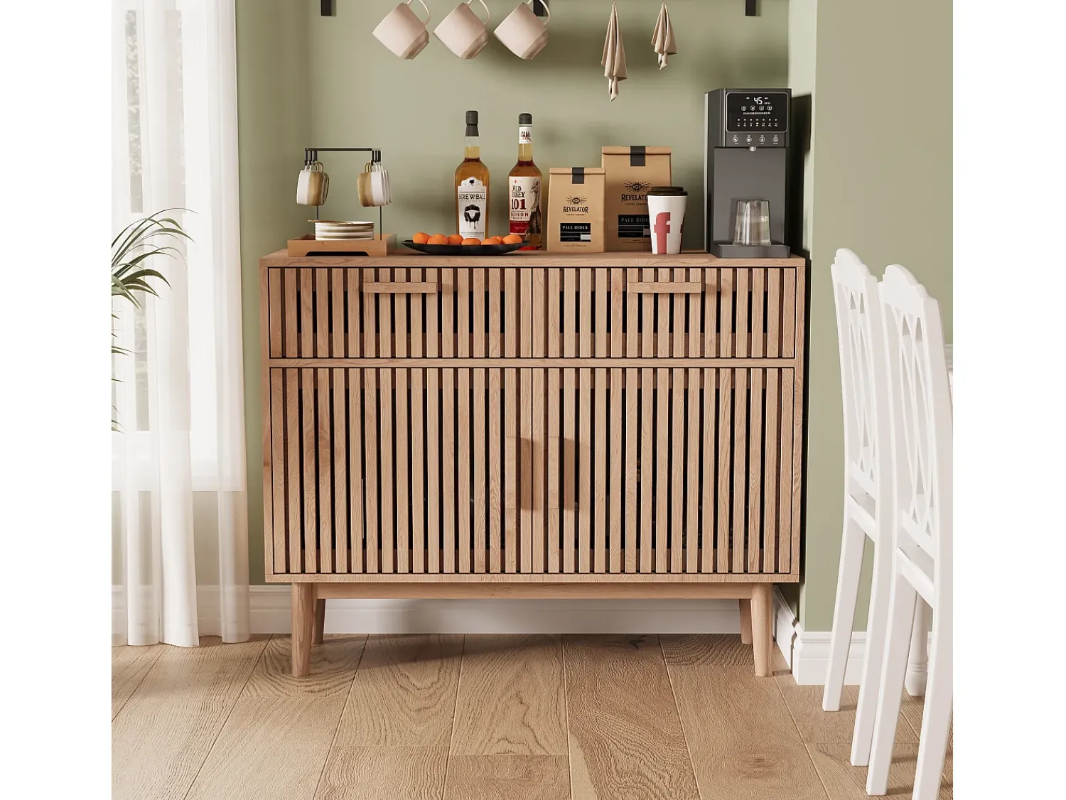Aparador de 100 cm, móvel de arrumação com 2 gavetas e 2 portas, armário de cozinha para sala de estar, madeira. Natural claro