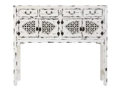 Consola* Aparador de entrada em madeira laqueada branca envelhecida com 4 gavetas e 4 portas. Branco
