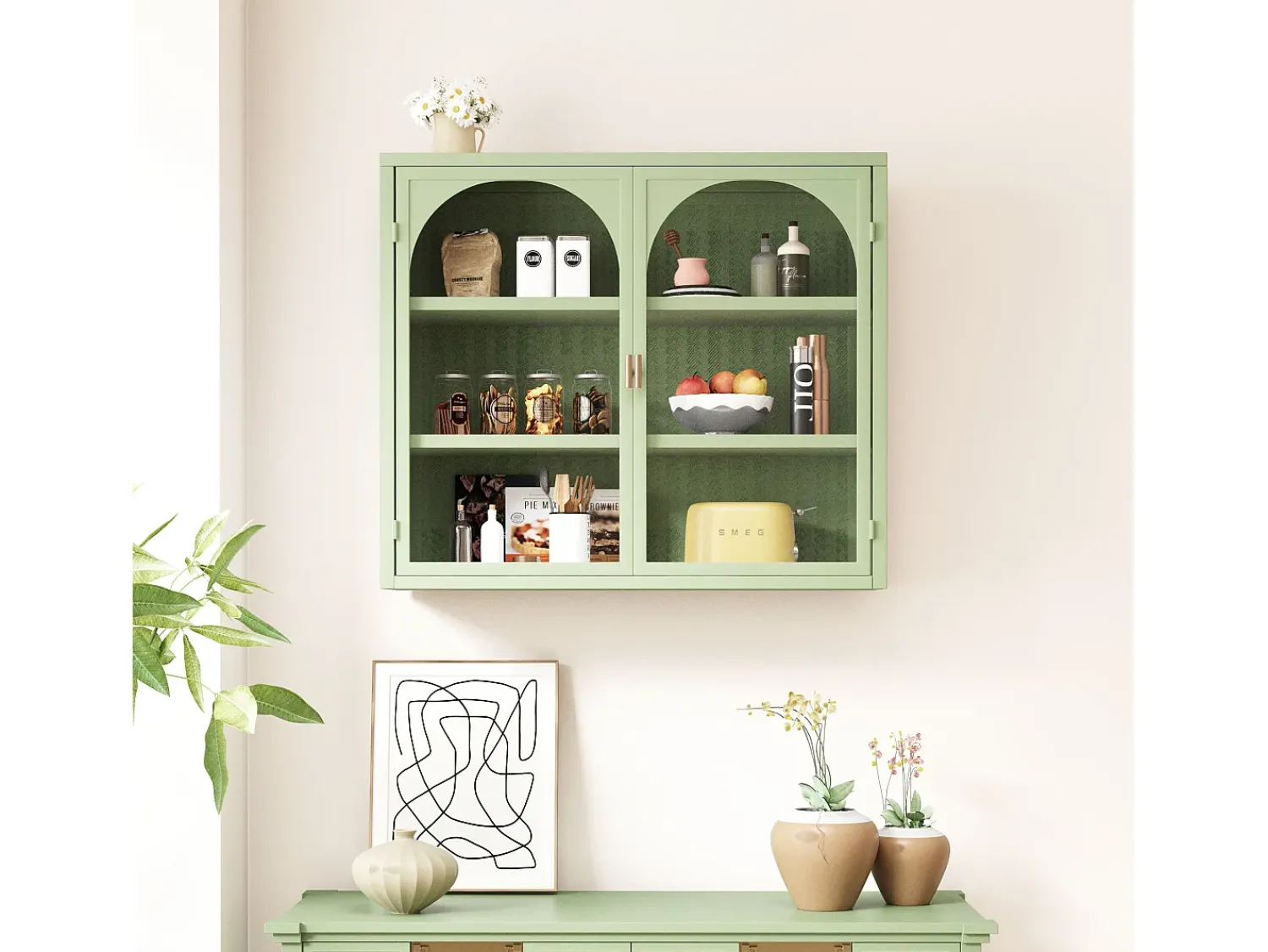 Best Aparador de parede com 2 portas de vidro curvas - Para cozinha e banheiro - - 70 × 23 × 60 cm Verde