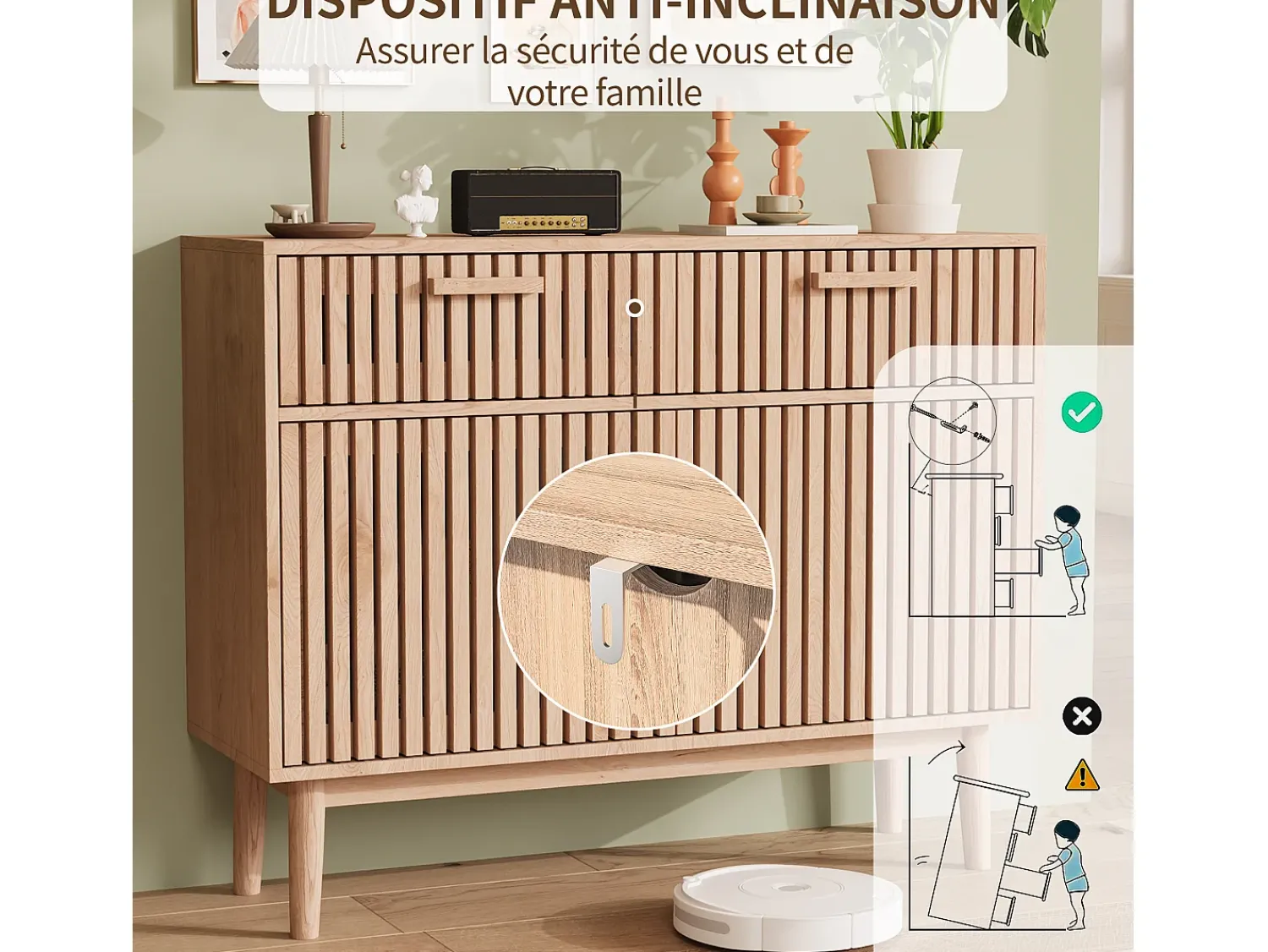 Aparador em Madeira Maciça com 2 Gavetas e 2 Portas – Design Nórdico, 100x35x80cm, Cor Natural^ Consola