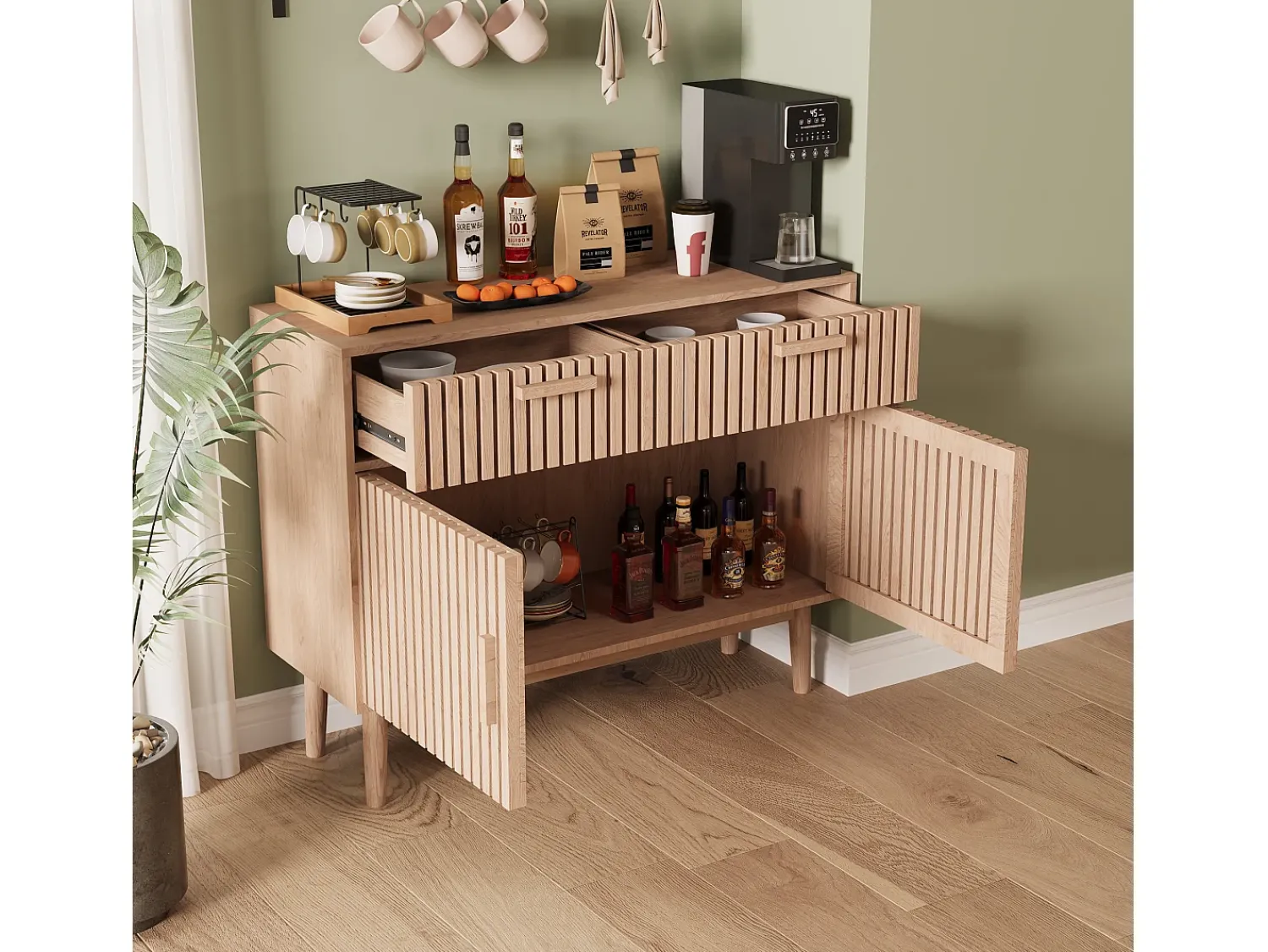 Aparador em Madeira Maciça com 2 Gavetas e 2 Portas – Design Nórdico, 100x35x80cm, Cor Natural^ Consola