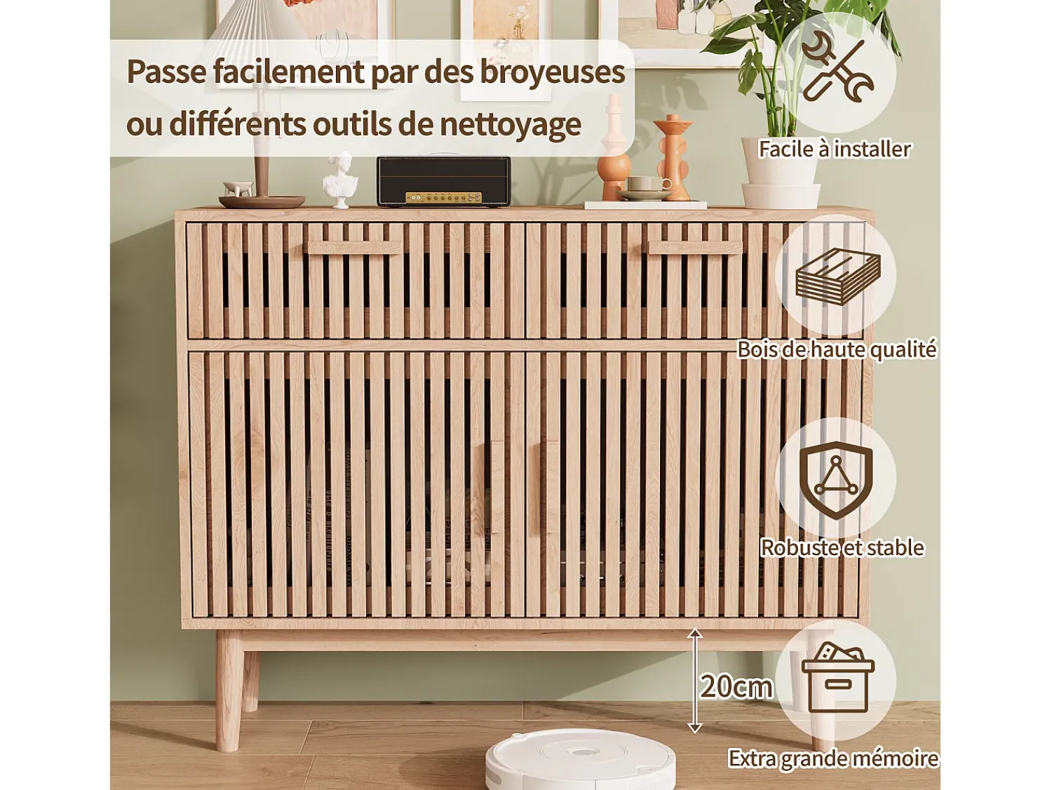 Aparador em Madeira Maciça com 2 Gavetas e 2 Portas – Design Nórdico, 100x35x80cm, Cor Natural^ Consola