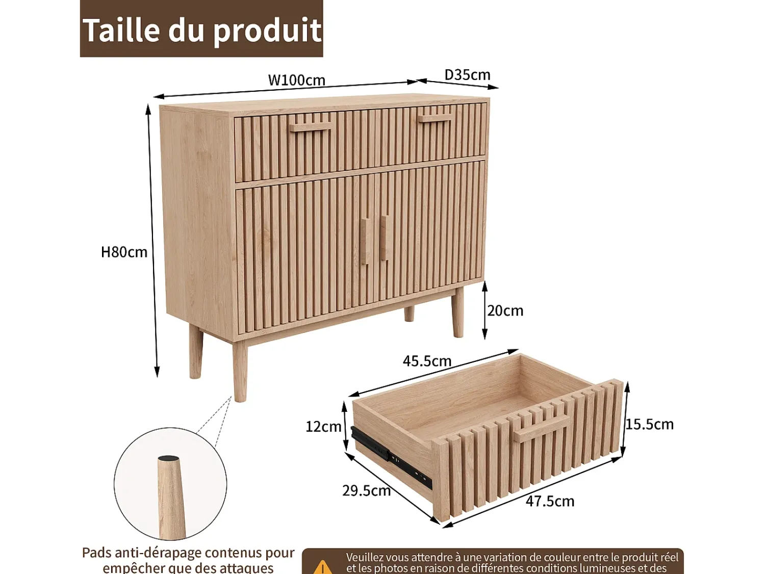 Aparador em Madeira Maciça com 2 Gavetas e 2 Portas – Design Nórdico, 100x35x80cm, Cor Natural^ Consola