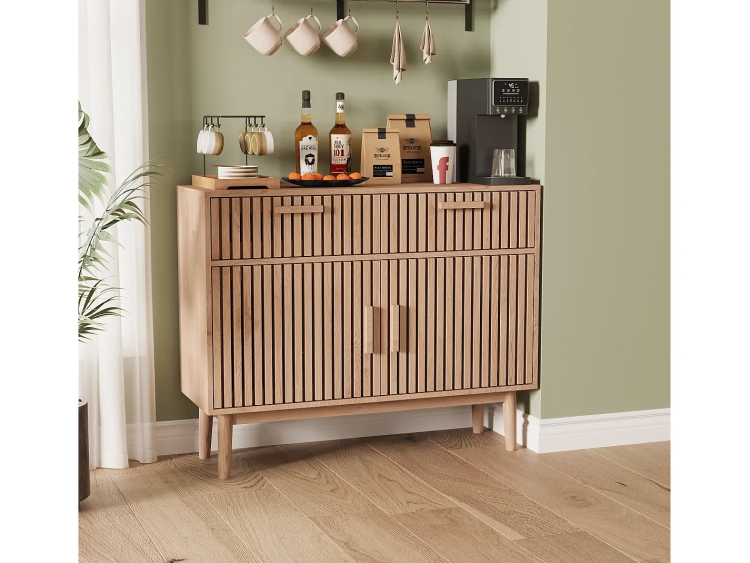Aparador em Madeira Maciça com 2 Gavetas e 2 Portas – Design Nórdico, 100x35x80cm, Cor Natural^ Consola