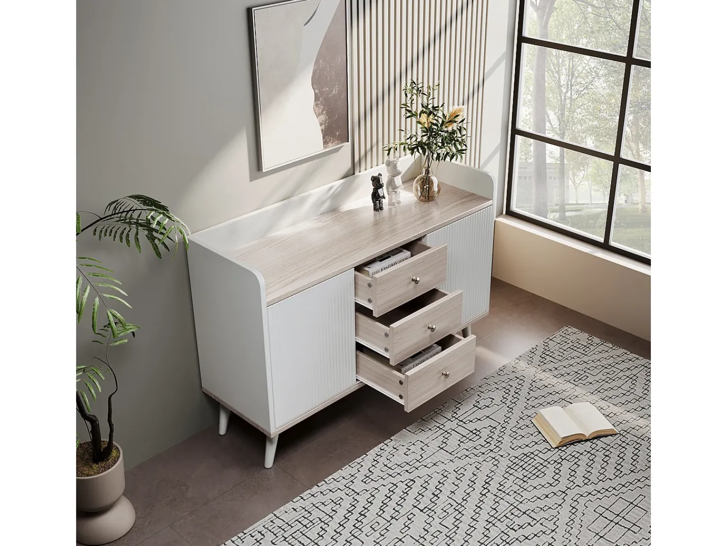 Mesa De Centro*Merax Aparador moderno com 2 portas 3 gavetas - prateleira de armazenamento - grão requintado - cores e bege Branco
