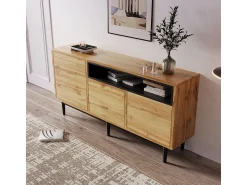 Móvel De Tv| Aparador moderno de madeira com 3 portas e prateleiras, 160x35x76cm, fácil de montar, compacto e robusto. Castanho