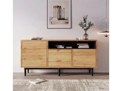 Móvel De Tv| Aparador moderno de madeira com 3 portas e prateleiras, 160x35x76cm, fácil de montar, compacto e robusto. Castanho
