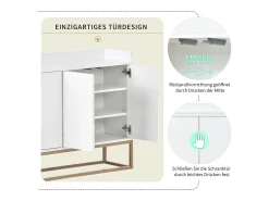 Consola* Aparador Moderno Minimalista 120cm com 4 Portas, Estrutura em Metal e Prateleiras Ajustáveis – e Dourado Branco