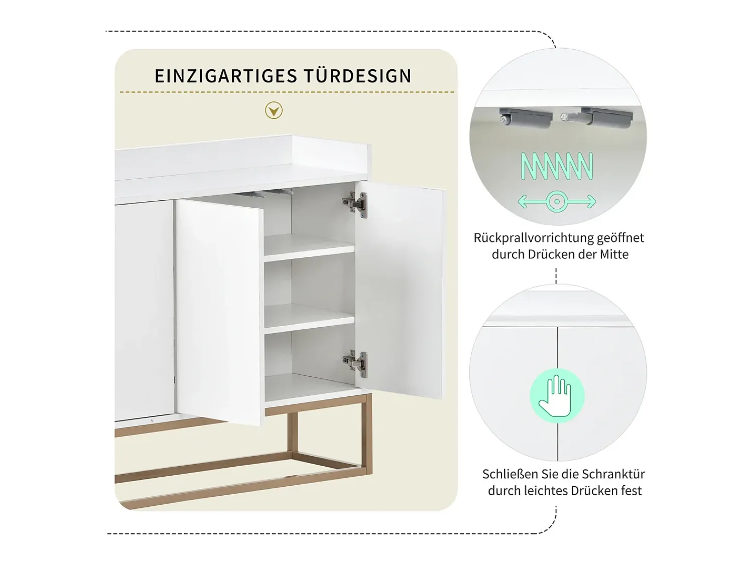Consola* Aparador Moderno Minimalista 120cm com 4 Portas, Estrutura em Metal e Prateleiras Ajustáveis – e Dourado Branco