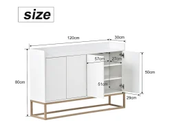 Consola* Aparador Moderno Minimalista 120cm com 4 Portas, Estrutura em Metal e Prateleiras Ajustáveis – e Dourado Branco