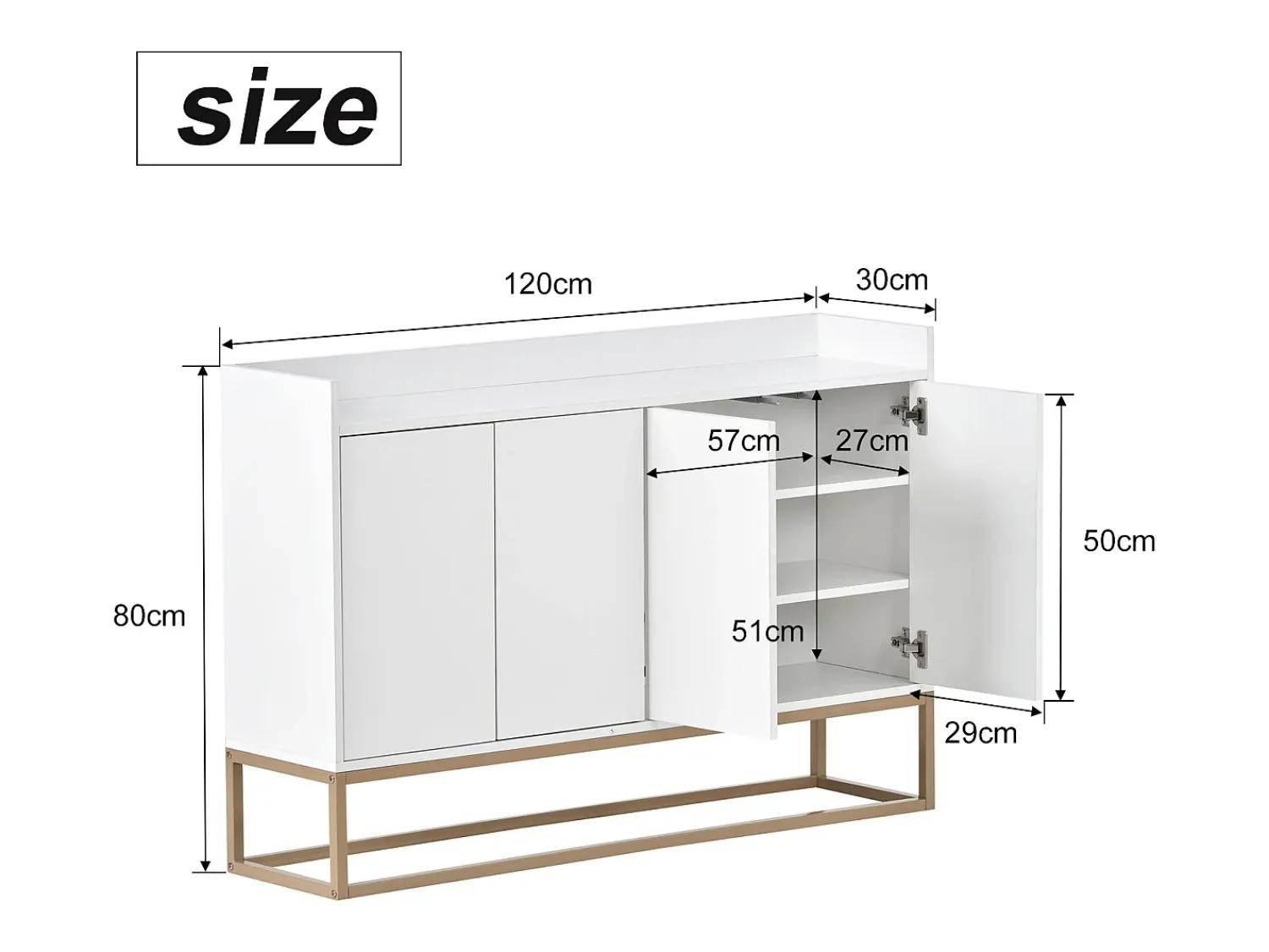 Consola* Aparador Moderno Minimalista 120cm com 4 Portas, Estrutura em Metal e Prateleiras Ajustáveis – e Dourado Branco