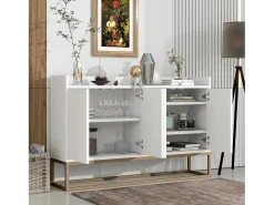 Consola* Aparador Moderno Minimalista 120cm com 4 Portas, Estrutura em Metal e Prateleiras Ajustáveis – e Dourado Branco