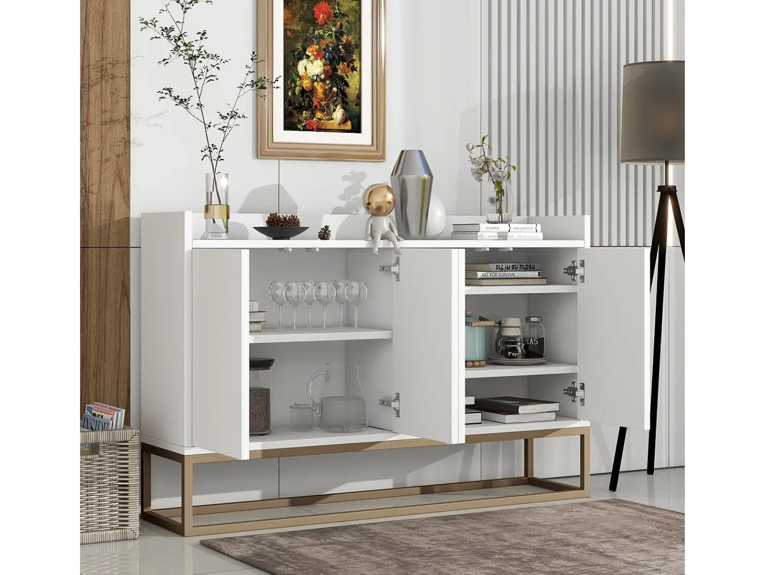 Consola* Aparador Moderno Minimalista 120cm com 4 Portas, Estrutura em Metal e Prateleiras Ajustáveis – e Dourado Branco