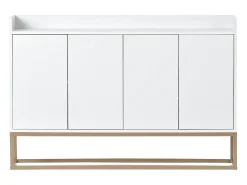 Consola* Aparador Moderno Minimalista 120cm com 4 Portas, Estrutura em Metal e Prateleiras Ajustáveis – e Dourado Branco