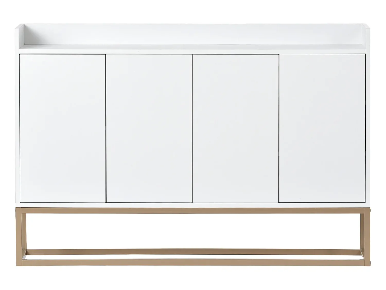 Consola* Aparador Moderno Minimalista 120cm com 4 Portas, Estrutura em Metal e Prateleiras Ajustáveis – e Dourado Branco
