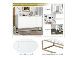 Consola* Aparador Moderno Minimalista 120cm com 4 Portas, Estrutura em Metal e Prateleiras Ajustáveis – e Dourado Branco