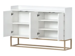 Consola* Aparador Moderno Minimalista 120cm com 4 Portas, Estrutura em Metal e Prateleiras Ajustáveis – e Dourado Branco