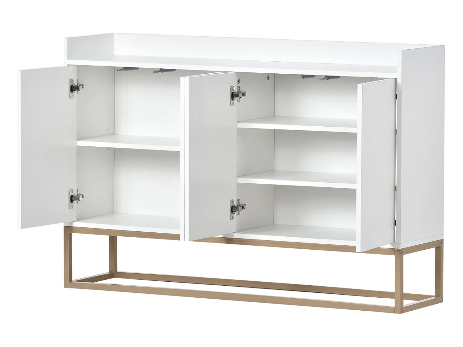 Consola* Aparador Moderno Minimalista 120cm com 4 Portas, Estrutura em Metal e Prateleiras Ajustáveis – e Dourado Branco