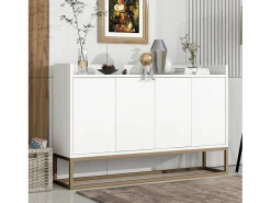 Consola* Aparador Moderno Minimalista 120cm com 4 Portas, Estrutura em Metal e Prateleiras Ajustáveis – e Dourado Branco
