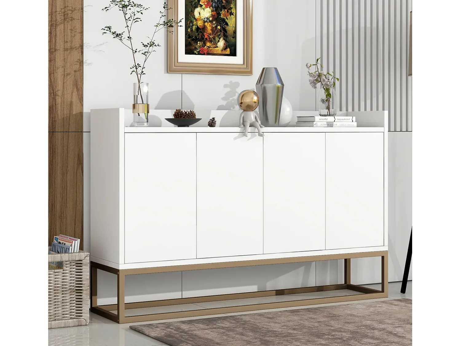 Consola* Aparador Moderno Minimalista 120cm com 4 Portas, Estrutura em Metal e Prateleiras Ajustáveis – e Dourado Branco