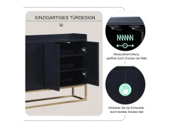 Consola| Aparador Moderno Minimalista 120cm com 4 Portas, Estrutura em Metal e Prateleiras Ajustáveis – preto e Dourado Natural claro