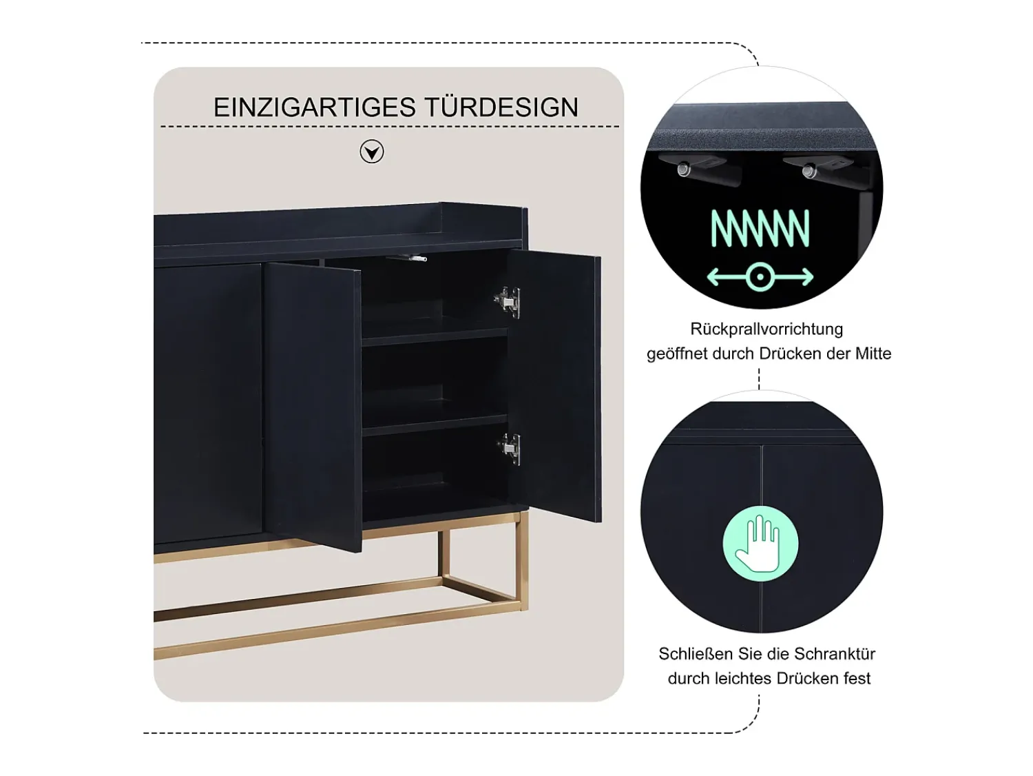 Consola| Aparador Moderno Minimalista 120cm com 4 Portas, Estrutura em Metal e Prateleiras Ajustáveis – preto e Dourado Natural claro