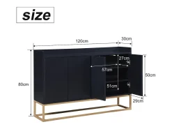 Consola| Aparador Moderno Minimalista 120cm com 4 Portas, Estrutura em Metal e Prateleiras Ajustáveis – preto e Dourado Natural claro