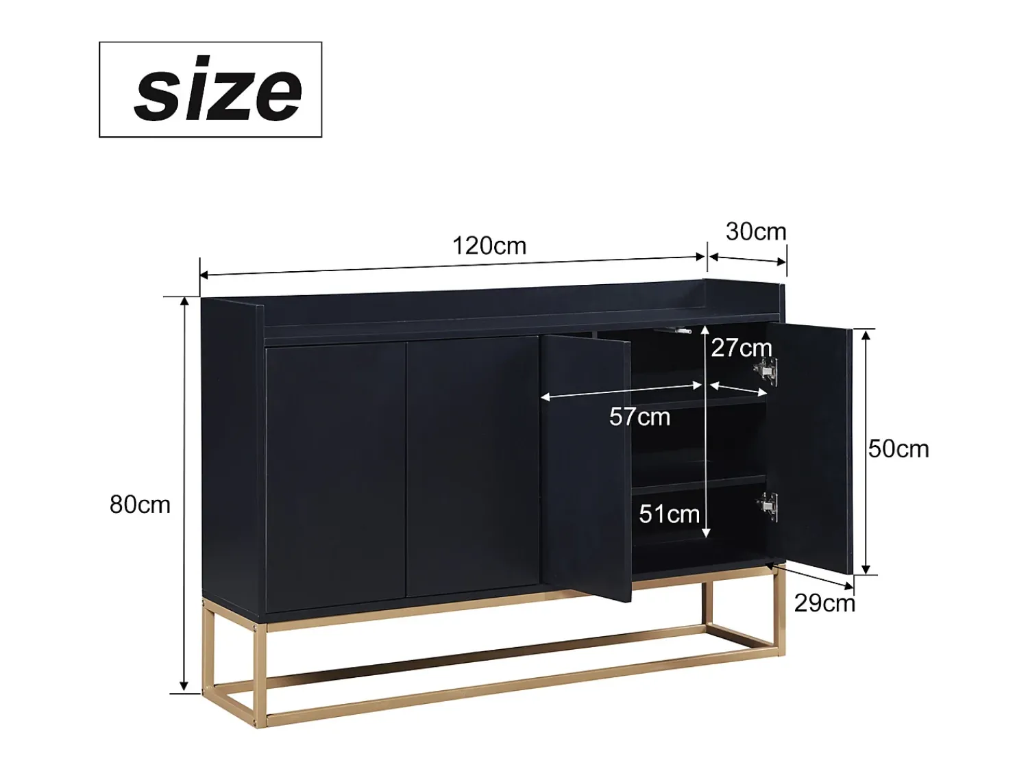 Consola| Aparador Moderno Minimalista 120cm com 4 Portas, Estrutura em Metal e Prateleiras Ajustáveis – preto e Dourado Natural claro