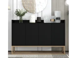 Consola| Aparador Moderno Minimalista 120cm com 4 Portas, Estrutura em Metal e Prateleiras Ajustáveis – preto e Dourado Natural claro