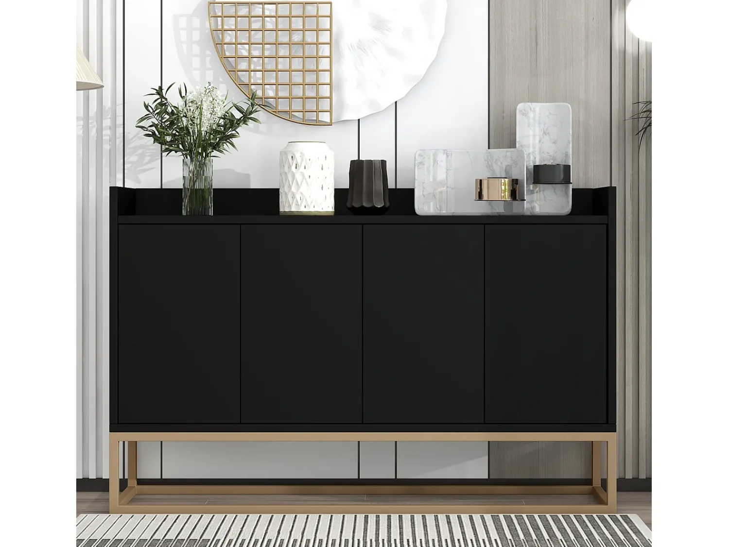 Consola| Aparador Moderno Minimalista 120cm com 4 Portas, Estrutura em Metal e Prateleiras Ajustáveis – preto e Dourado Natural claro