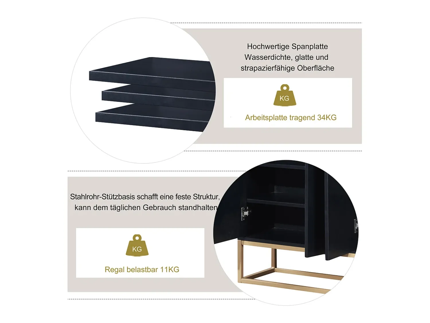 Consola| Aparador Moderno Minimalista 120cm com 4 Portas, Estrutura em Metal e Prateleiras Ajustáveis – preto e Dourado Natural claro