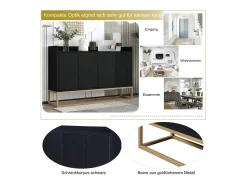Consola| Aparador Moderno Minimalista 120cm com 4 Portas, Estrutura em Metal e Prateleiras Ajustáveis – preto e Dourado Natural claro