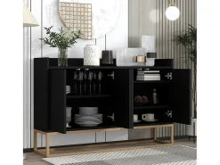 Consola| Aparador Moderno Minimalista 120cm com 4 Portas, Estrutura em Metal e Prateleiras Ajustáveis – preto e Dourado Natural claro