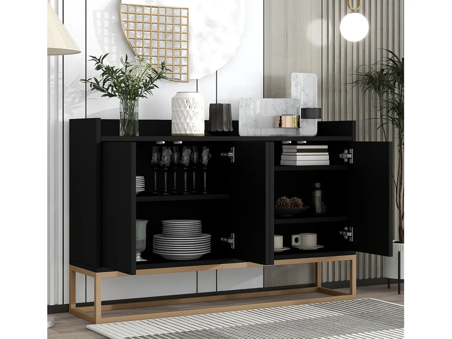 Consola| Aparador Moderno Minimalista 120cm com 4 Portas, Estrutura em Metal e Prateleiras Ajustáveis – preto e Dourado Natural claro