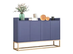 Aparador Moderno Minimalista 120cm com 4 Portas, Estrutura em Metal e Prateleiras Ajustáveis – Azul e Dourado^ Consola