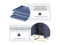 Aparador Moderno Minimalista 120cm com 4 Portas, Estrutura em Metal e Prateleiras Ajustáveis – Azul e Dourado^ Consola